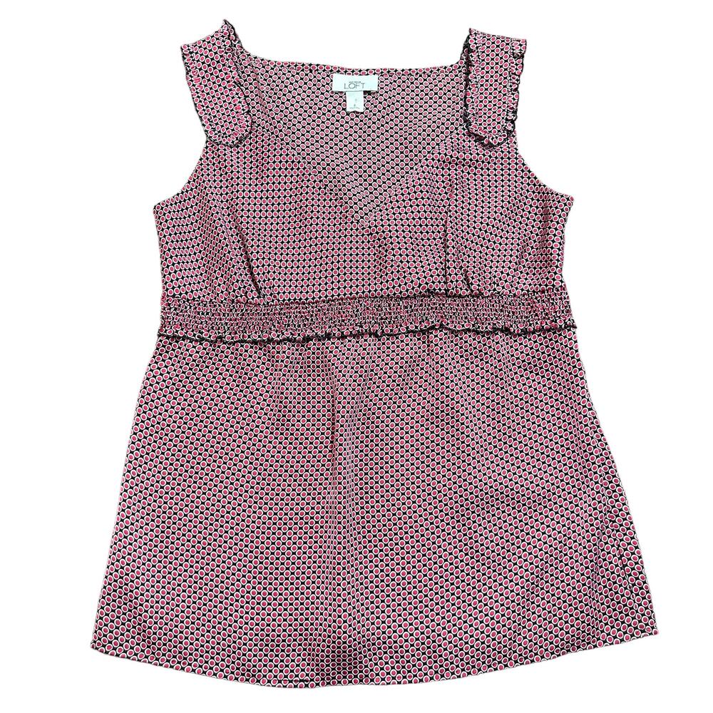 LOFT Womens tank blouse pink black polka dots Size 6